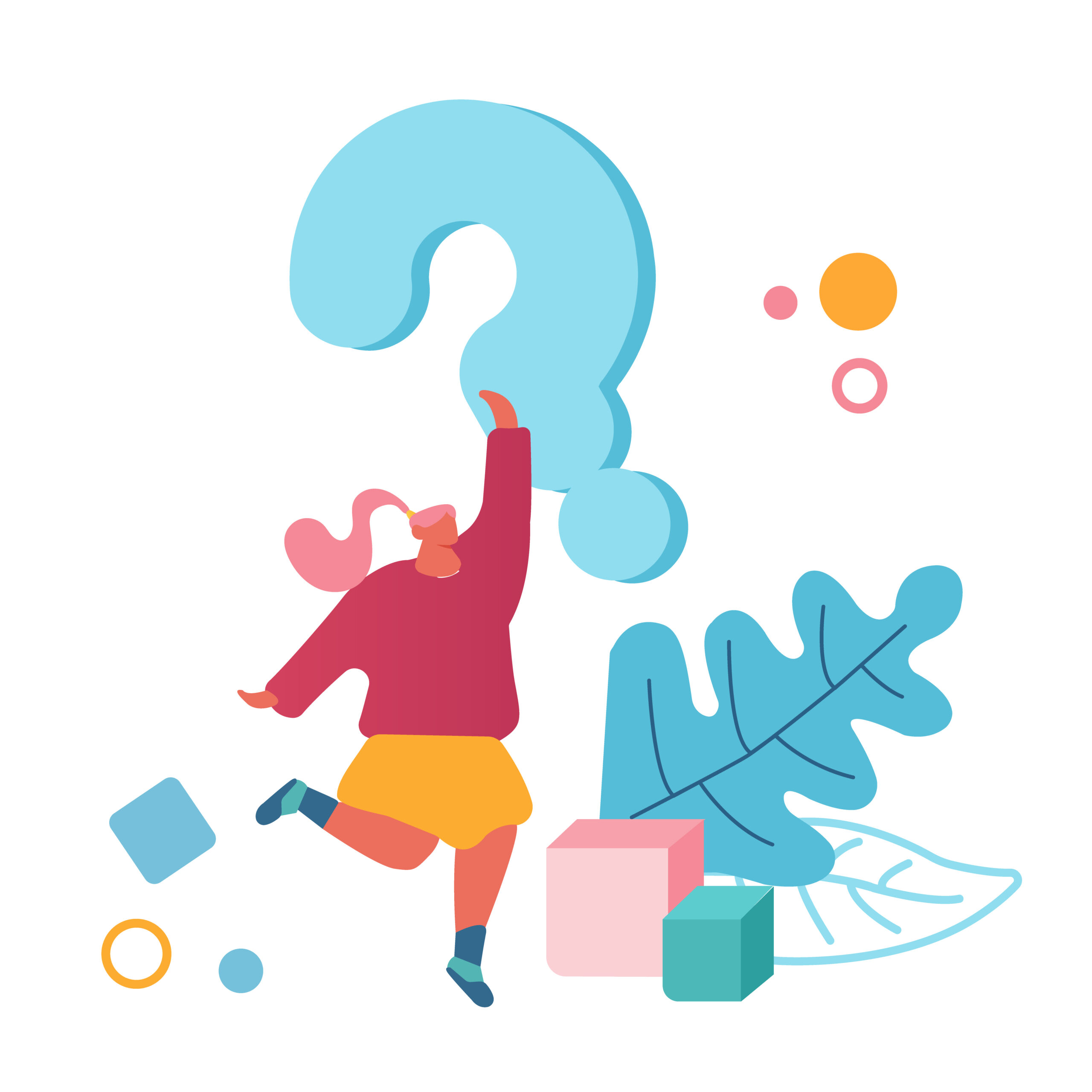 Doubts And Confusion Concept. Female Character Stand Under Huge Question Mark Isolated On White Background. People Solving Problem Searching Solution And Information. Cartoon Flat Vector Illustration